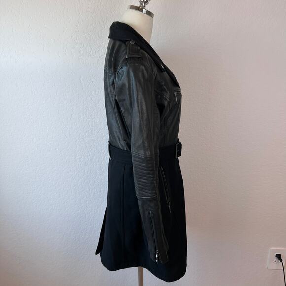BCBGMAXAZRIA Johnna Long Moto Jacket Black Leather Wool Asymmetrical Zip Large - Picture 7 of 13